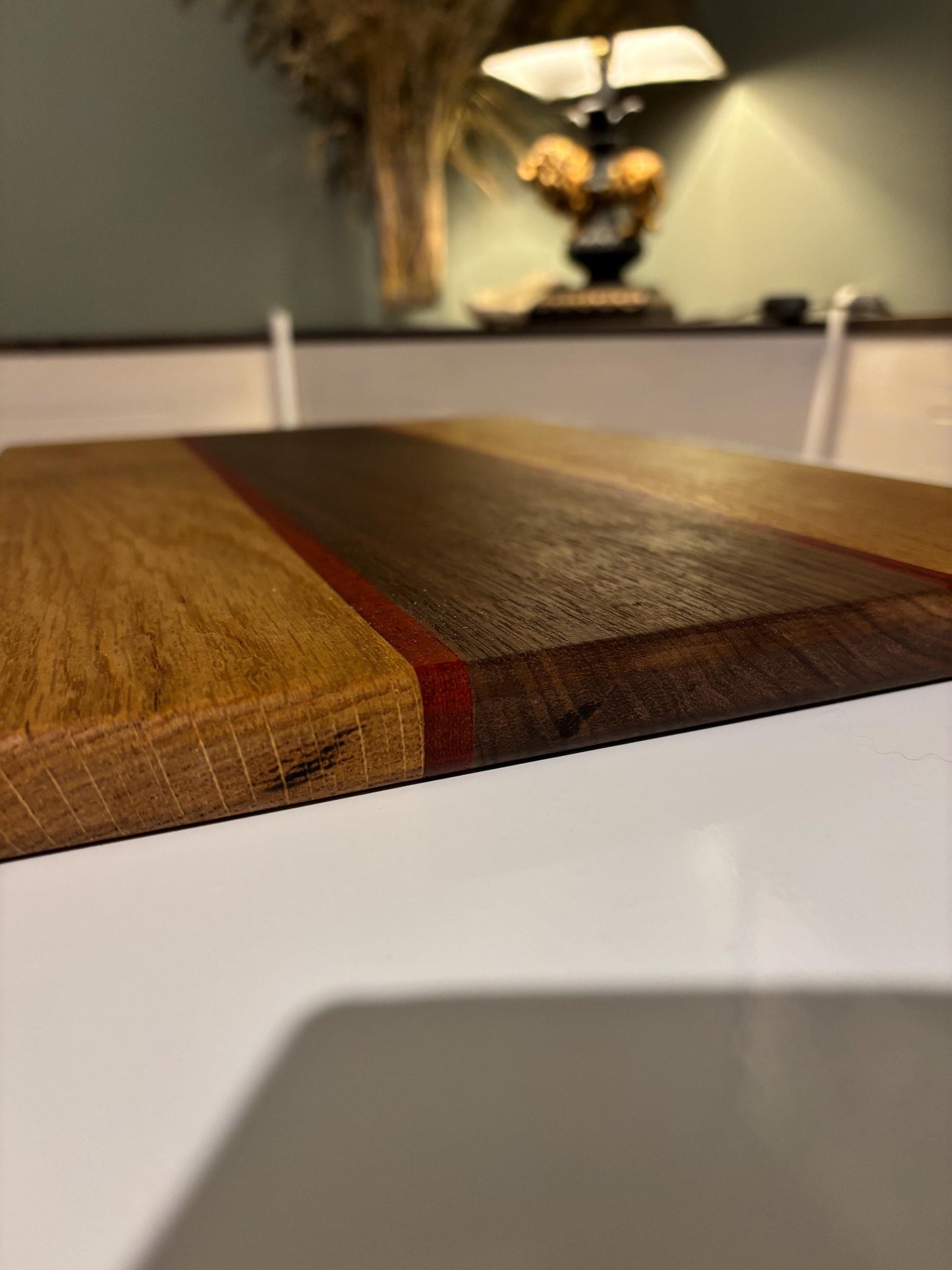 Handmade Bespoke charcuterie board, heavy Oak Padauk and Walnut chopping board, colourful exotic cutting block, unique stylish bread board
