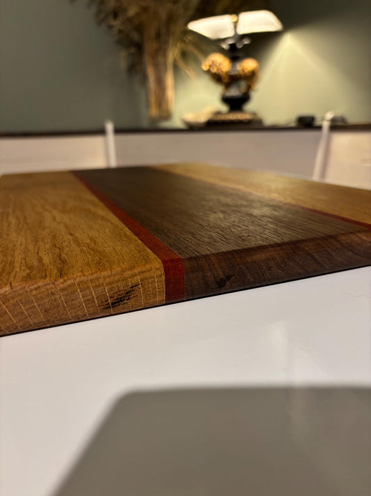 Handmade Bespoke charcuterie board, heavy Oak Padauk and Walnut chopping board, colourful exotic cutting block, unique stylish bread board