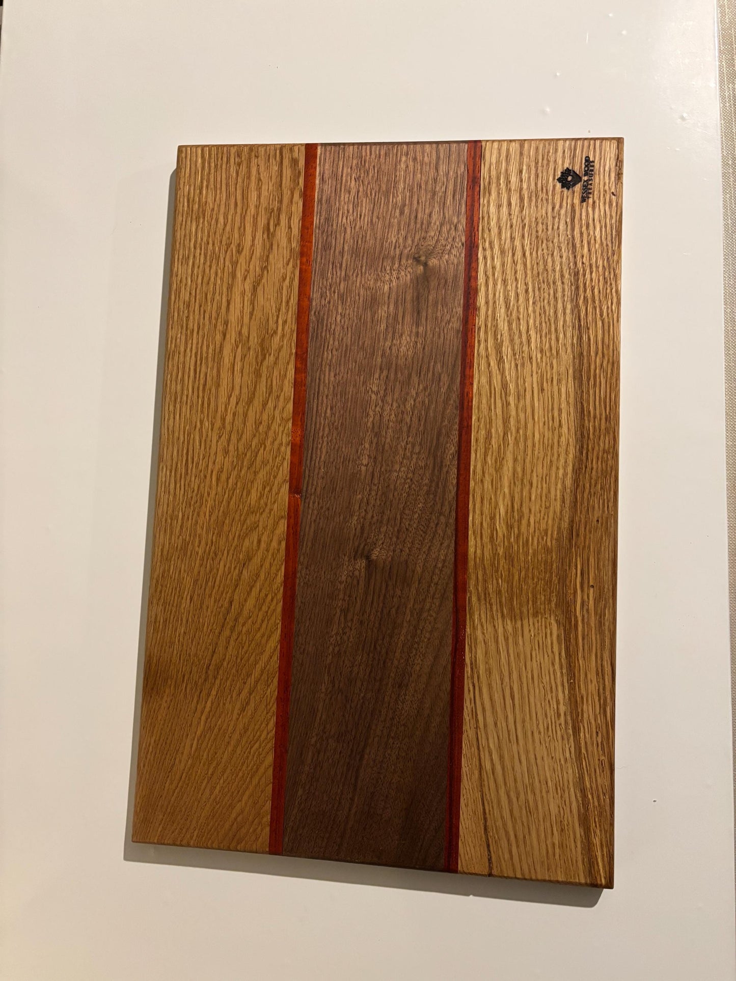 Handmade Bespoke charcuterie board, heavy Oak Padauk and Walnut chopping board, colourful exotic cutting block, unique stylish bread board