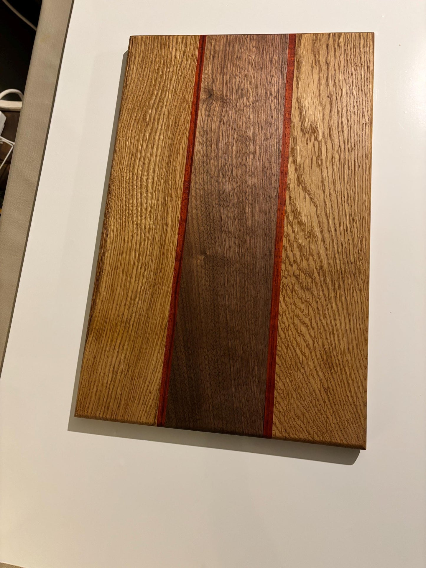 Handmade Bespoke charcuterie board, heavy Oak Padauk and Walnut chopping board, colourful exotic cutting block, unique stylish bread board