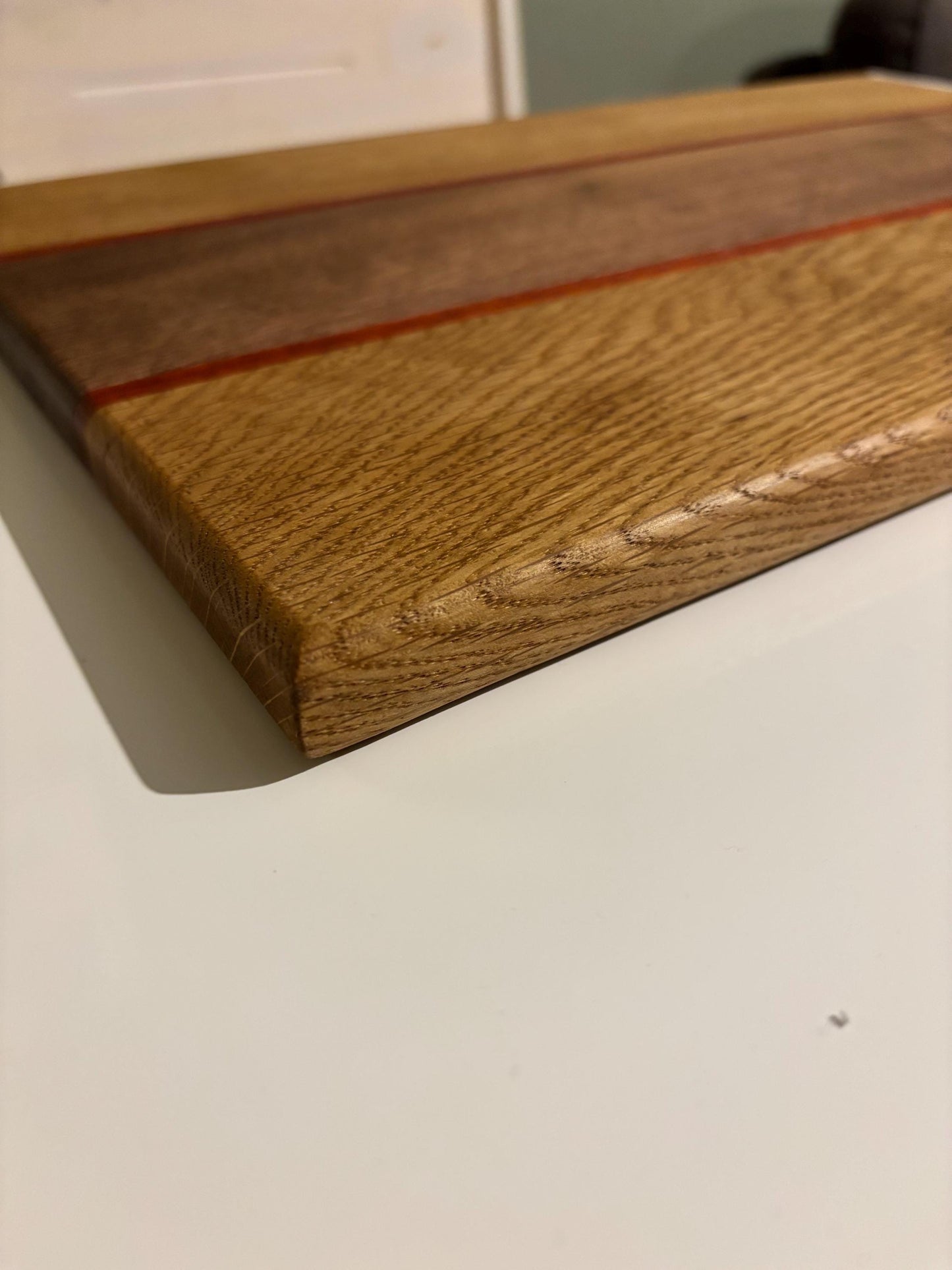 Handmade Bespoke charcuterie board, heavy Oak Padauk and Walnut chopping board, colourful exotic cutting block, unique stylish bread board