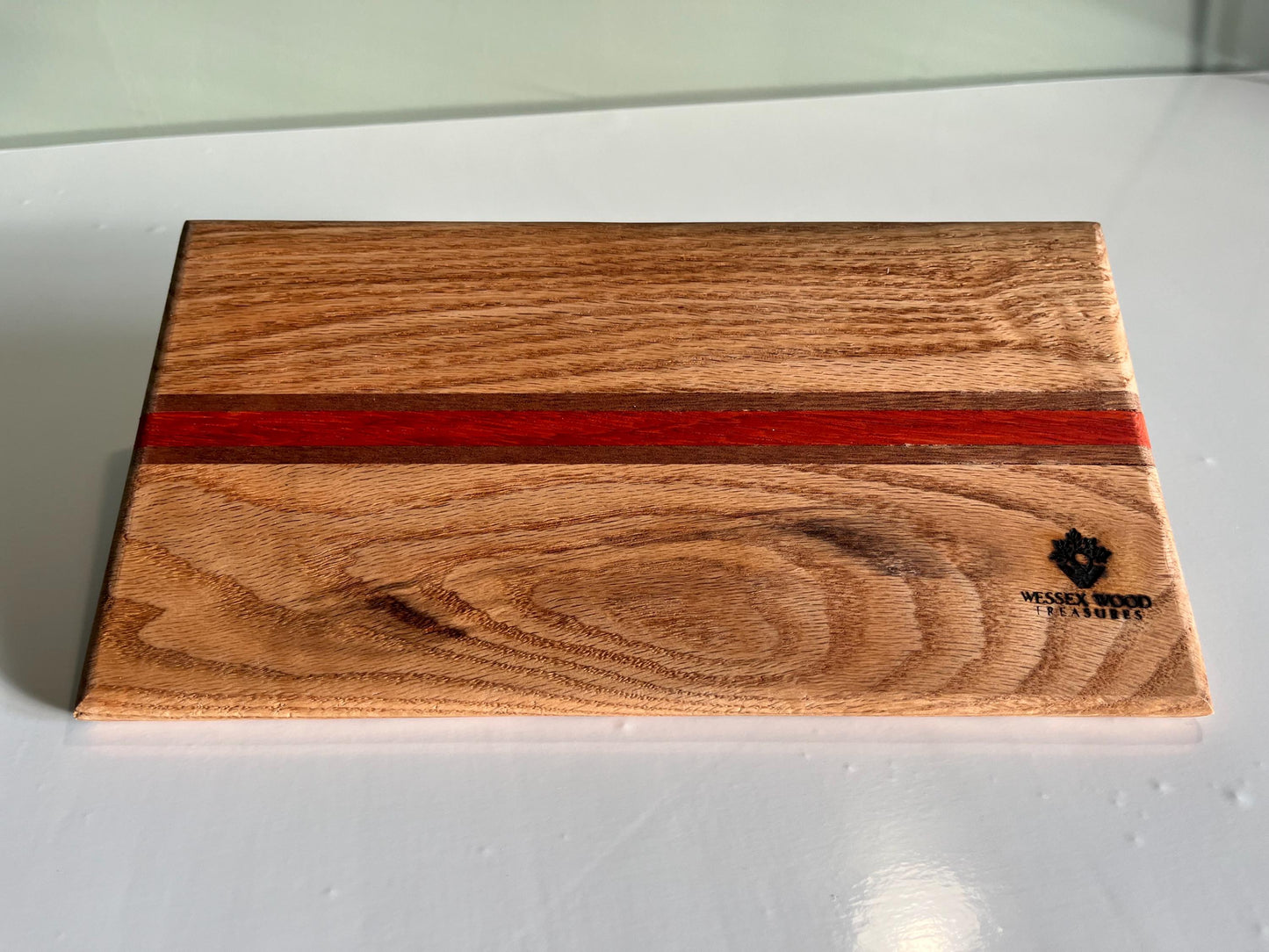 Handmade Bespoke cheese board, compact Oak Padauk and Sapele chopping board, colourful exotic cutting block, unique stylish bread board