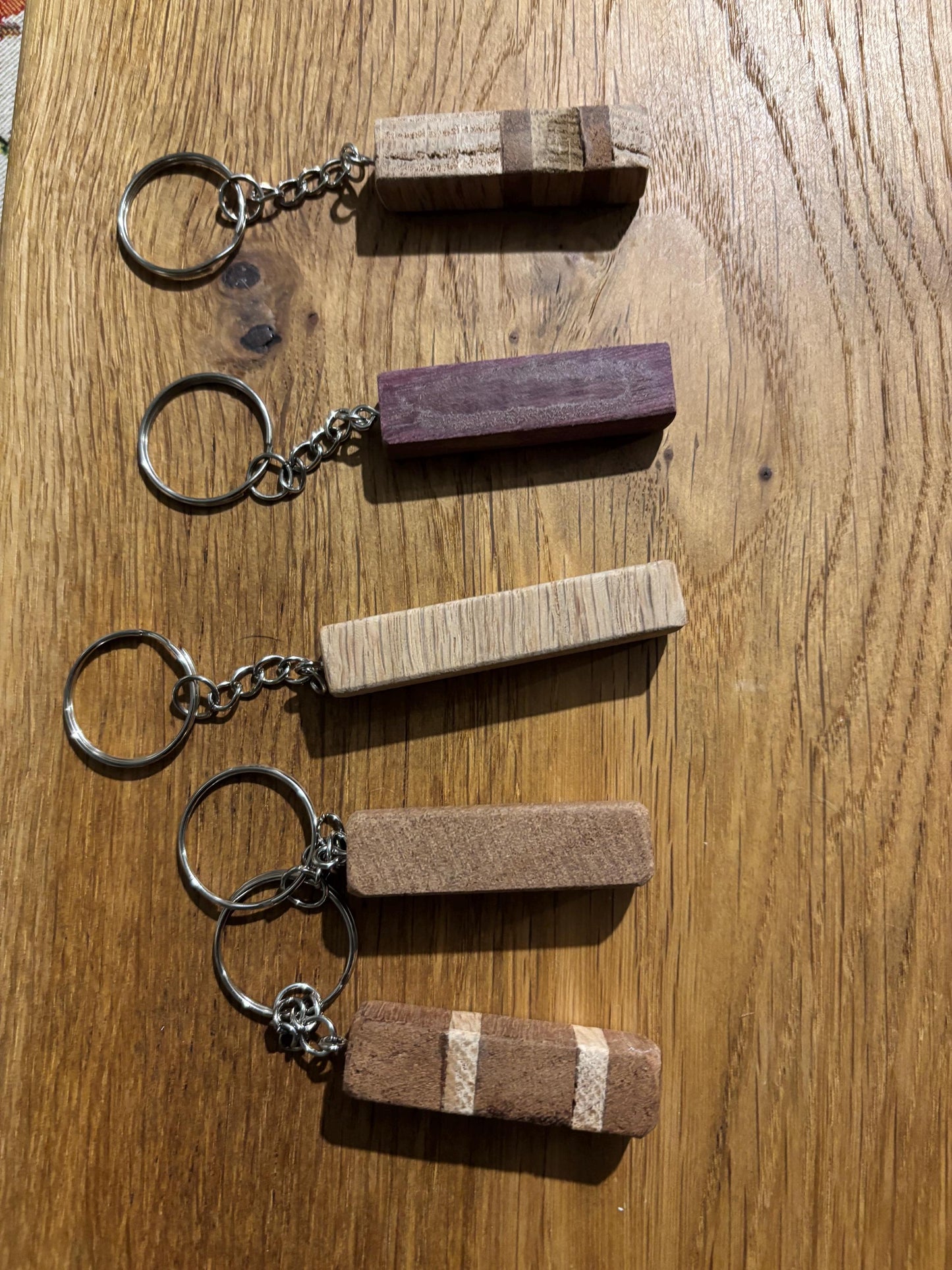 mixed hardwood keyrings, touch wood keychains, handmade