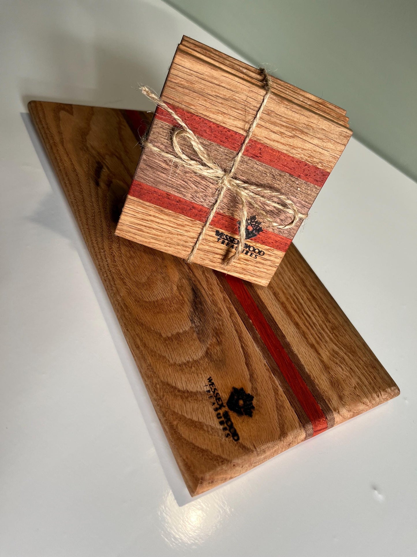 Handmade Bespoke cheese board and coaster set. compact Oak Padauk and Sapele chopping board + coasters, colourful exotic cutting block,
