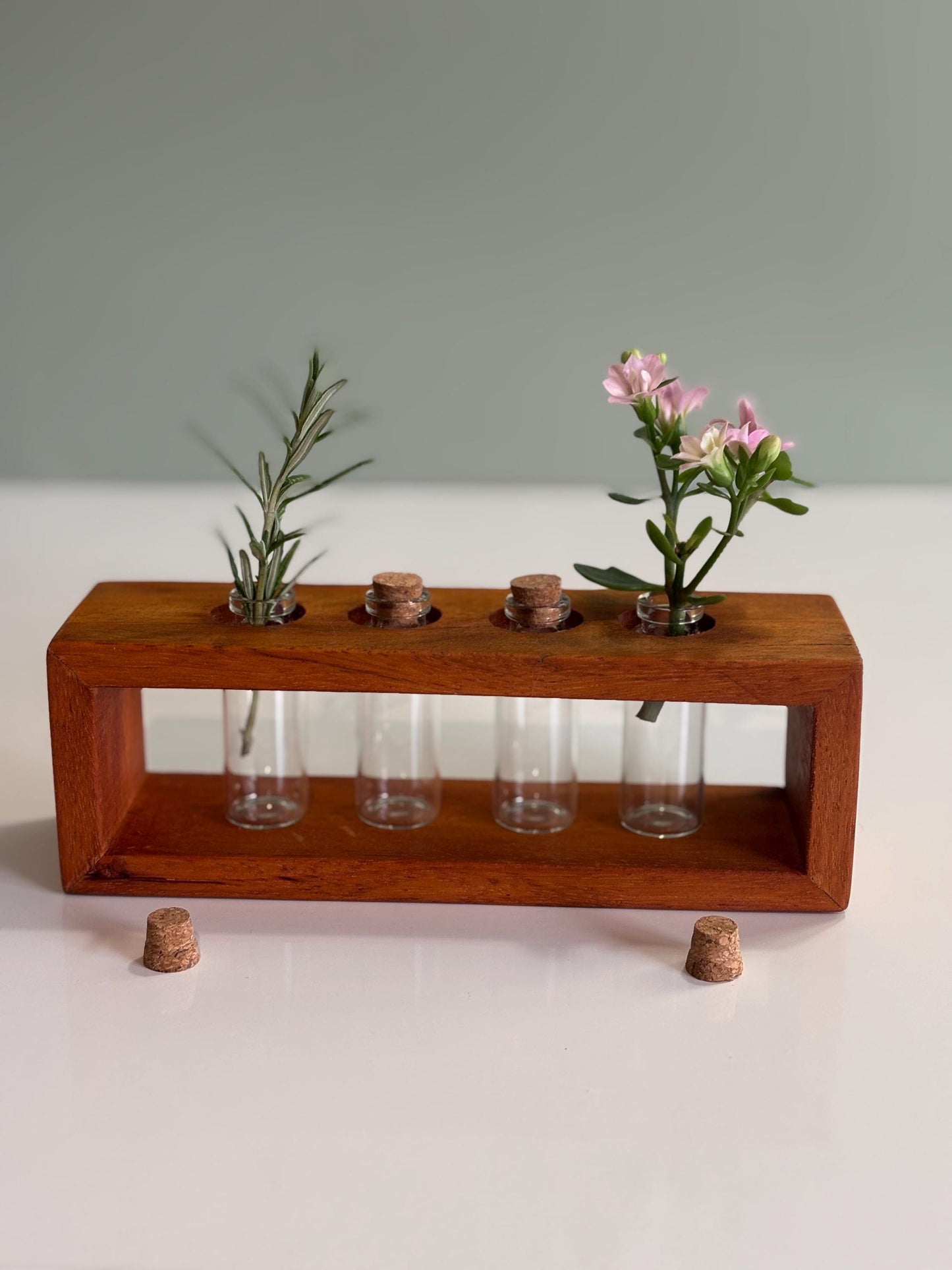 Handmade hardwood planter, Cutting Propagator with Glass Vials , unique stylish vase