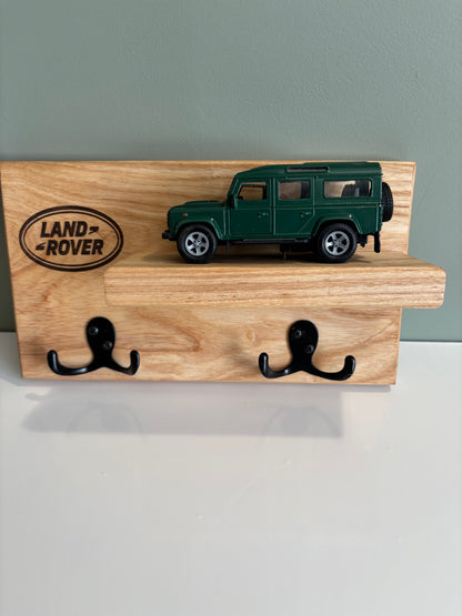 Handmade Ash Key Coat Shelf with Land Rover Defender 110 Model – Rustic Wall Rack
