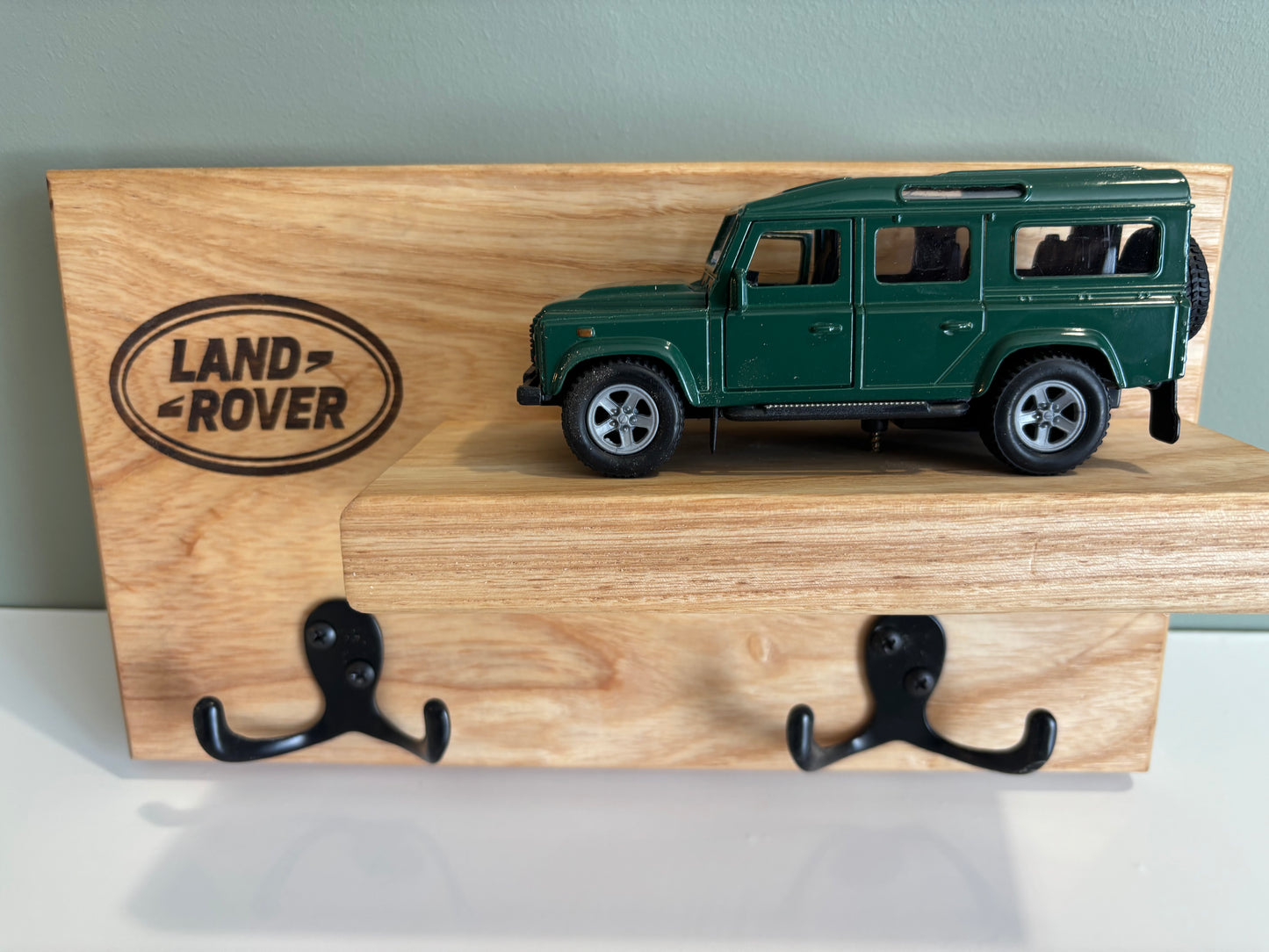 Handmade Ash Key Coat Shelf with Land Rover Defender 110 Model – Rustic Wall Rack