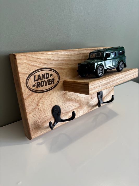 Handmade Ash Key Coat Shelf with Land Rover Defender 110 Model – Rustic Wall Rack