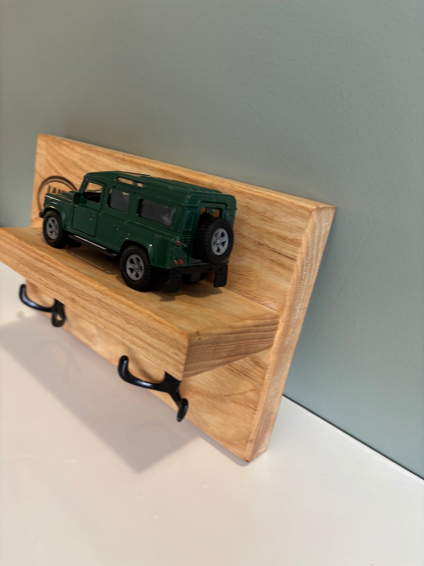 Handmade Ash Key Coat Shelf with Land Rover Defender 110 Model – Rustic Wall Rack