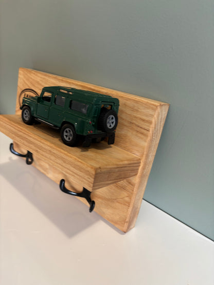 Handmade Ash Key Coat Shelf with Land Rover Defender 110 Model – Rustic Wall Rack