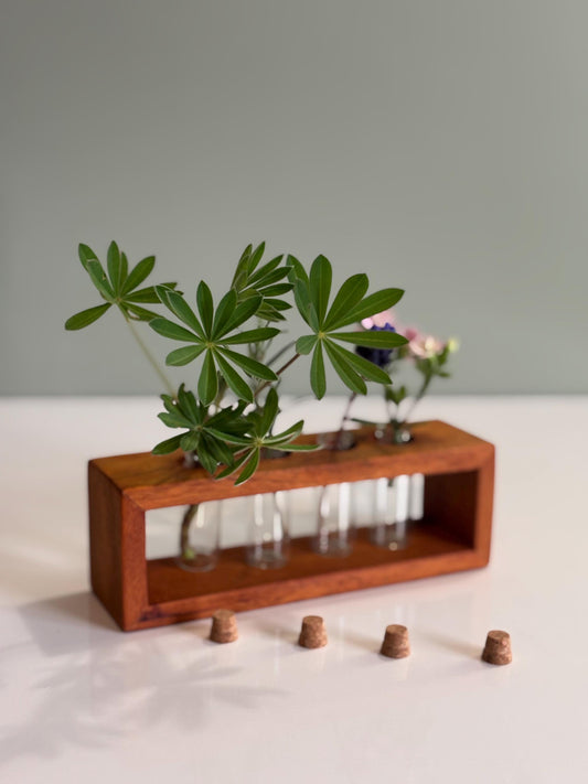 Handmade hardwood planter,  Cutting Propagator  with Glass Vials , unique stylish vase