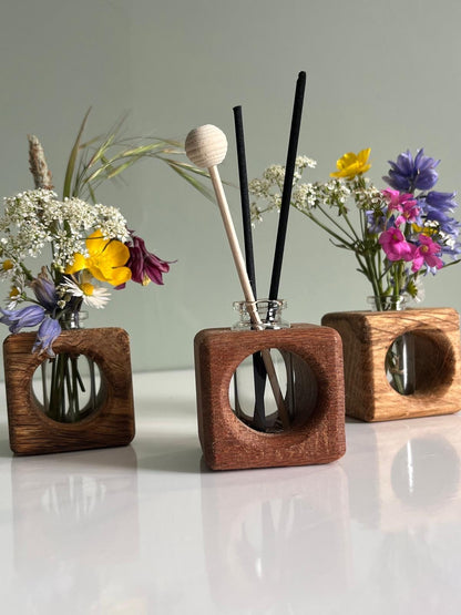 Handmade Lacewood Glass Reed Diffuser, 5cm Square Vase, Natural Beeswax Finish